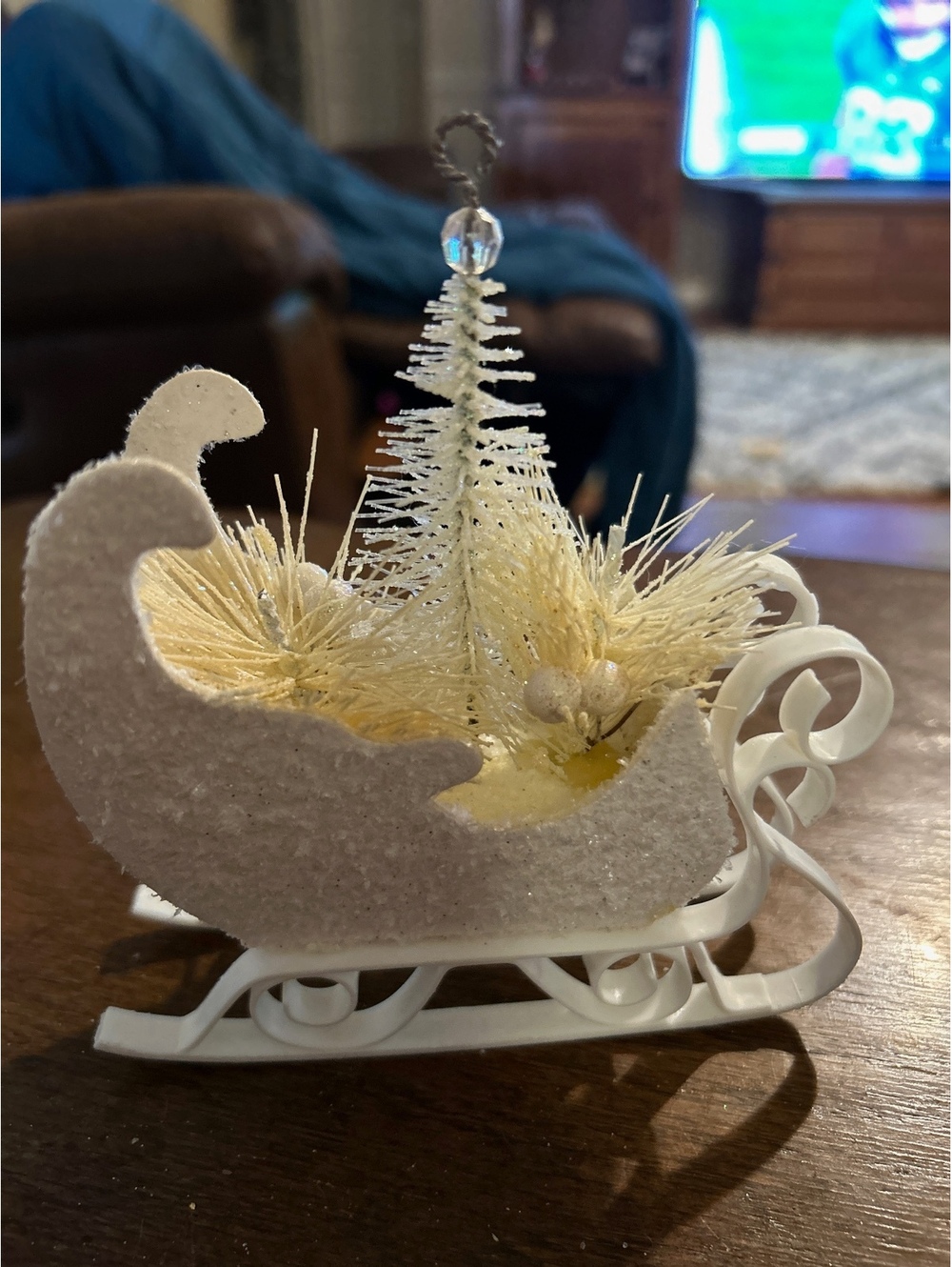 Vintage White Decorative Christmas Sleigh Ornament with Tree and Pinecone Accent